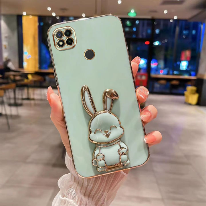 ybdเคสโทรศัพท์หม่สไตล์เข้ากันได้กับ-xiaomi-redmi-9c-10a-9a-8a-redmi-8-9-10-เคสการ์ตูนน่ารัก3dยิ้มกระต่ายชุบขาตั้งพับได้ปกอ่อน