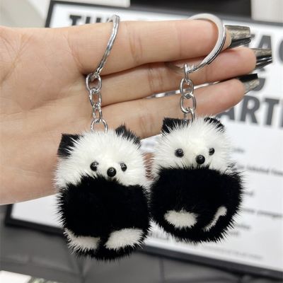 【LZ】▫  Mink Fur Panda Keychain Pingente saco criativo Saco bonito do telefone móvel preto e branco Chaveiro de pelúcia Acessórios