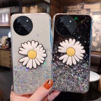 เคสโทรศัพท์ใหม่สำหรับ Realme 11 4G ฝาครอบกากเพชรส่องแสงเป็นประกายวิบวับเป็นรูปดาวพระจันทร์ดอกเบญจมาศซิลิโคนใสพับเป็นขาตั้งสำหรับ Realme 11