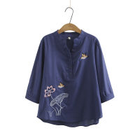 HOT”【มีไซส์ใหญ่】Plus Size 34 Sleeve Embroidery Tops Womens Vintage Blouse Ladies Officewear A-line Blusas