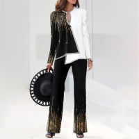 2022 Spring Casual Black Outfits Elegant Patchwork Sequin Pullover Tops Flare Pants Suit Women Fashion Long Sleeve Two Piece Set