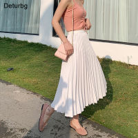 Womens Elegant Solid Color Midi Skirt Korean Female High Waist Fan-shaped Pleated Twill Skirts Faldas 2021 Summer Autumn Sk772