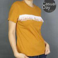 เสื้อยืดสีพื้นๆแต่การตกแต่งไม่พื้นๆด้วยผ้าลูกไม้ ลูกปัดสีมุกที่หน้าอกสวยดูดี ตัดเย็บด้วยผ้าคอตตอนเนื้อนุ่ม ซักง่าย แห้งไว ไม่ต้องรีด ใส่ได้ทุกวัน