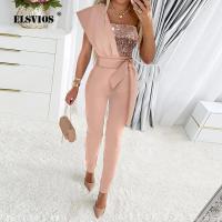 Autumn Fashion Short Sleeves Patchwork Party Jumpsuit Women 39;s Sexy One Shoulder Sequins Casual Skinny Jumpsuits Elegant Overalls