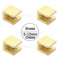 4PCS Brushed Gold Brass Glass Clamps No-Drill-on-Glass Glass Holder Glass Shelf Brackets Glass Clip Support for 5-12mm Glass