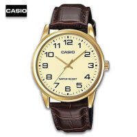 Velashop Casio นาฬิกาข้อมือผู้ชาย สีน้ำตาล/ทอง สายหนัง รุ่น MTP-V001GL-9BUDF, MTP-V001GL-9B, MTP-V001GL