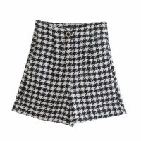 2021 Women Autumn Vintage Tweed Plaid Buttons Shorts Fashion Pocket High Waist Zipper Office Lady Female Casual Skort Vestidos