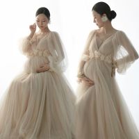 【CC】 Womens Maternity Photo Shoot V-Neck Sleeves Tulle Floral Photography Props Mesh