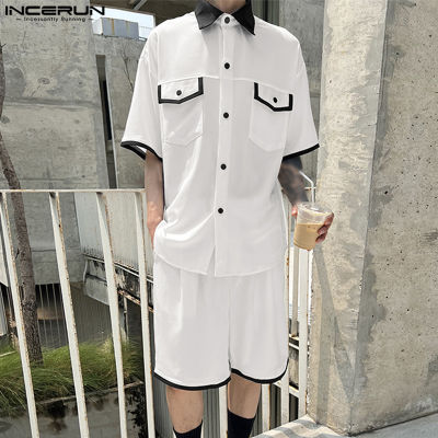 ผู้ชายแขนสั้น INCERUN สีดำและสีขาวตีเสื้อเชิ้ตสีตัดกัน + กางเกงขาสั้นชุดลำลอง (สไตล์เกาหลี)