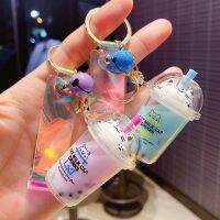 Cute Cat Liquid Pearl Milk Tea Cup Key Chain Creative Quicksand Floating Drink Keyring Bag Pendant Keychain Gift for Women