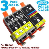 3 Pack Compatible PGI-35 CLI-36 (2BK+1C) Ink for Canon Combo Set Print Cartridge 2pcs PGI35 Black ( 35 BK ) + 1pc CLI36 Tri-Color ( 36 C ) Replacement Color Inkjet  with Canon PIXMA TR150 iP100 iP110 mini260 mini320 mini 260 320 color Printer