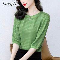 Luxqlo เสื้อเบลาส์ผู้หญิง3/4แขน,เสื้อทรงหลวมคอกลมสีพื้นสำหรับไซส์พิเศษลำลองฤดูร้อน