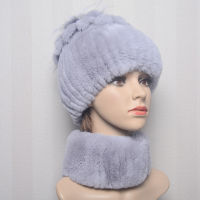 New Women Winter Luxury Real Rex Rabbit Fur Hat Scarf 2 Pieces Knitted Rex Rabbit Fur Hat With Silver Fox Fur Cap Scarves Sets