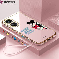 Jizatin เคส OPPO A78 4G ฟรีสายคล้อง + เมาส์มินี่การ์ตูนมิกกี้น่ารัก (Danny) เคสลวดลายขอบสี่เหลี่ยมชุบเคสโทรศัพท์เคสโทรศัพท์นิ่มสุดหรู