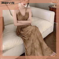 [MERVIN]?[HOT SALE]?? เดรสวินเทจเปิดหลังจีบยาวเดรสหรูหราคอวีพิมพ์ลายฤดูร้อน