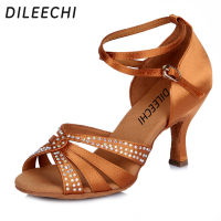 DILEECHI สตรีซาตินรองเท้าเต้นรำละติน Rhinestone รองเท้าเต้นรำซัลซ่าพรรคแทงโก้รองเท้าเต้นรำบอลรูมสาวสุภาพสตรีส้น75มิลลิเมตร