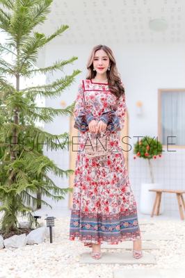 Maxi dress Bohemian เดรสโบฮีเมียนผู้หญิง ชุดเดรสสาวอวบ ชุดโมฮีเมียน เดรสลายดอกไม้ เดรสไปเที่ยวทะเล