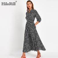 【Ladies shop】 HiloRill Women Turn Down CollarShirt2021 Dot PrintLong Dresses Female ThreeSleeve Sashes Dress