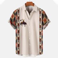 ✶ Shirt for Men Ethnic Print Male Short Sleeve T Cowboy Lapel Blouse Streetwear