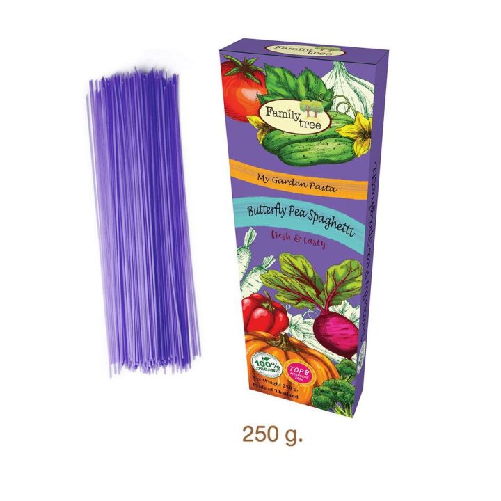 Family Tree Organic Gluten-Free Butterfly Pea Spaghetti เส้นสปาเก็ตตี้ข้าวกล้องออร์แกนิกผสมดอกอัญชันจากธรรมชาติ (250g)