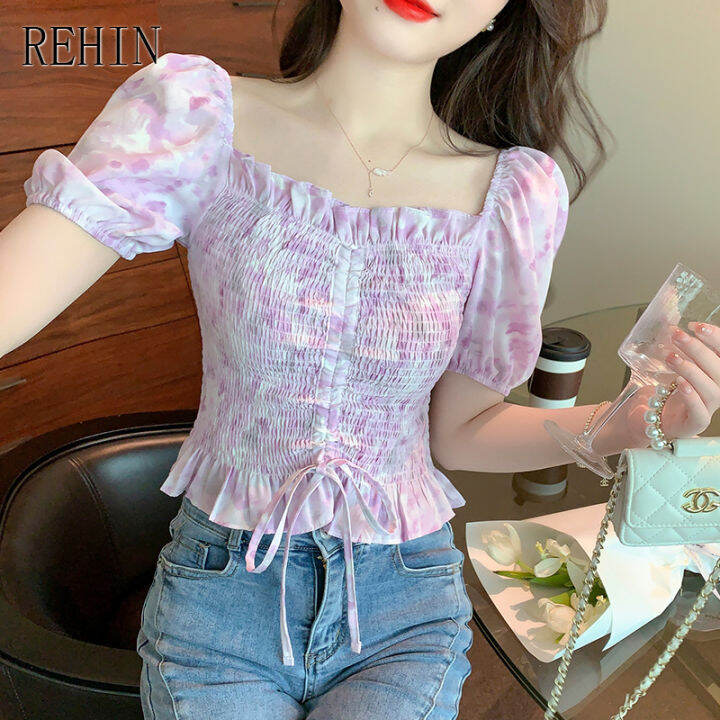 rehin-women-s-top-summer-new-korean-version-all-match-floral-slim-short-sleeved-shirt-square-collar-trend-blouse