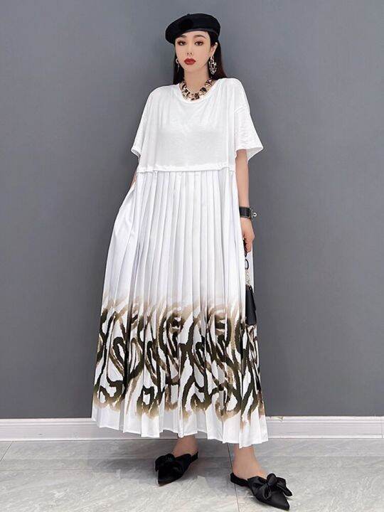 xitao-dress-loose-short-sleeve-pleated-print-dress