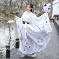 Hanfu เสื้อเชิ้ตเสื้อผ้าเต้นรำแบบชิ้นเดียวสำหรับผู้หญิงชุด Hanfu เสื้อเชิ้ตแขนใหญ่ที่เอวถึงเอวสง่างามฤดูใบไม้ผลิฤดูร้อน