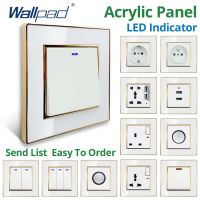 【LZ】﹍●✱  Wallpad-Painel acrílico branco com borda dourada 2 Way Wall Light Switch com indicador LED Tomada elétrica da UE com USB