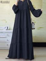 ZANZEA Elegant Sundress Fashion Summer Solid Ruffles Kaftan Long Dress Robe Femme Women Long Sleeve Muslim Islamic Clothing 2023