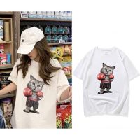 -koki2shop-เสื้อยืด คอกลม แขนสั้น ผ้านิ่ม พิมพ์ลายแมวนักมวย น่ารักๆ สไตล์เกาหลี  #9636