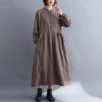 Large Size Women S Plaid Long Sleeve Fat Hiding Dress Fat Sister Autumn Foreign Trade Loose Long Below The Knee Drawstring