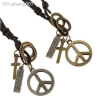 Antique Vintage Cross Dog Tag Hollow Peace Symbol Pendant Necklace Men Long Brown Leather Necklace Cord Men Jewelry Accessories