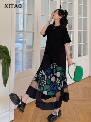 XITAO T-shirt Dress Gauze Patchwork Print Loose Dress Casual Women