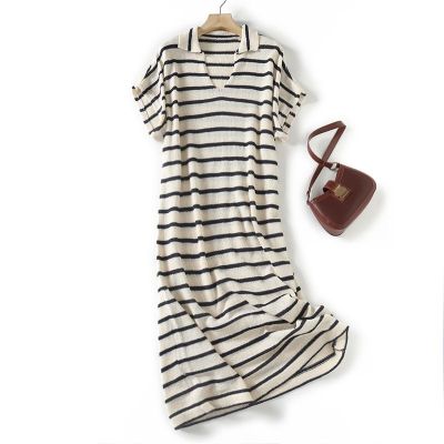 UNIQLO Spanish Single! Simple And Comfortable Cotton Blended Lazy Style Casual Striped Knitted Polo Shirt Collar Long Dress