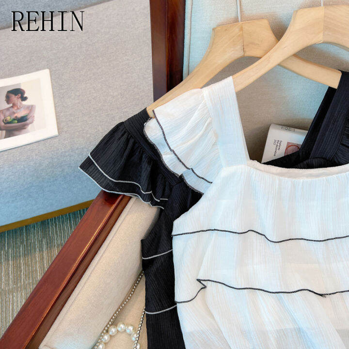rehin-เสื้อเบลาส์แขนสั้นผู้หญิง-เสื้อการออกแบบที่ไม่เหมือนใครสไตล์ฝรั่งเศสปกหลายชั้นแต่งระบายชิคแขนสั้นฤดูร้อน