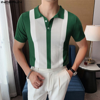 INCERUN เสื้อเบลาส์แบบติดกระดุมเข้ารูปสำหรับผู้ชายเสื้อเชิ้ตมีปกทางการเสื้ออัจฉริยะ (สไตล์เกาหลี)