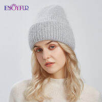 ENJOYFUR Warm Angora หมวกขนสัตว์สำหรับผู้หญิงหนานุ่มหญิงฤดูหนาวหมวกถักแฟชั่นกว้าง Cuffed ธรรมดารัสเซียสกียี่ห้อ Beanie