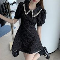 Spring Summer French Style Pearl Peter Pan Collar Short-sleeved Dress 2022 New Sweet and Spicy Slim Slim Solid Elegant Dress