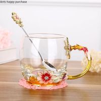 Enamel Colorful Flower Teacup Home Water Cup Living Room Coffee Cup Crystal Glass Teacup with Lid and Spoon Handgirp Drinkware