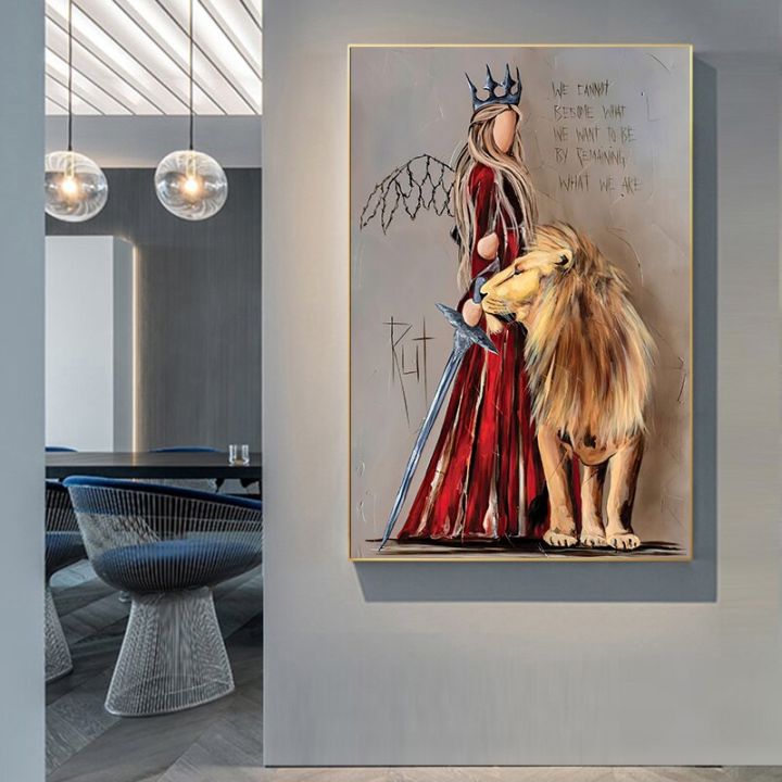 บทคัดย่อ-queen-และ-lion-พิมพ์โปสเตอร์ภาพวาดผ้าใบ-nordic-รูปภาพสำหรับห้องนั่งเล่น-wall-art-home-indoor-decoration
