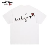 2023 NEWCharles Peach Heart แขนสั้นเสื้อยืดผู้ชายฤดูร้อนผ้าฝ้าย Letter Simple New Love Heart เพศครึ่งแขน