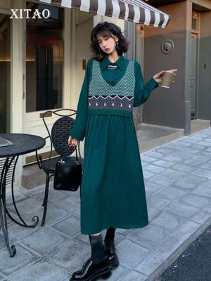 XITAO Dress Long Sleeve Knitting Patchwork  False Two Pieces Shirt Dress