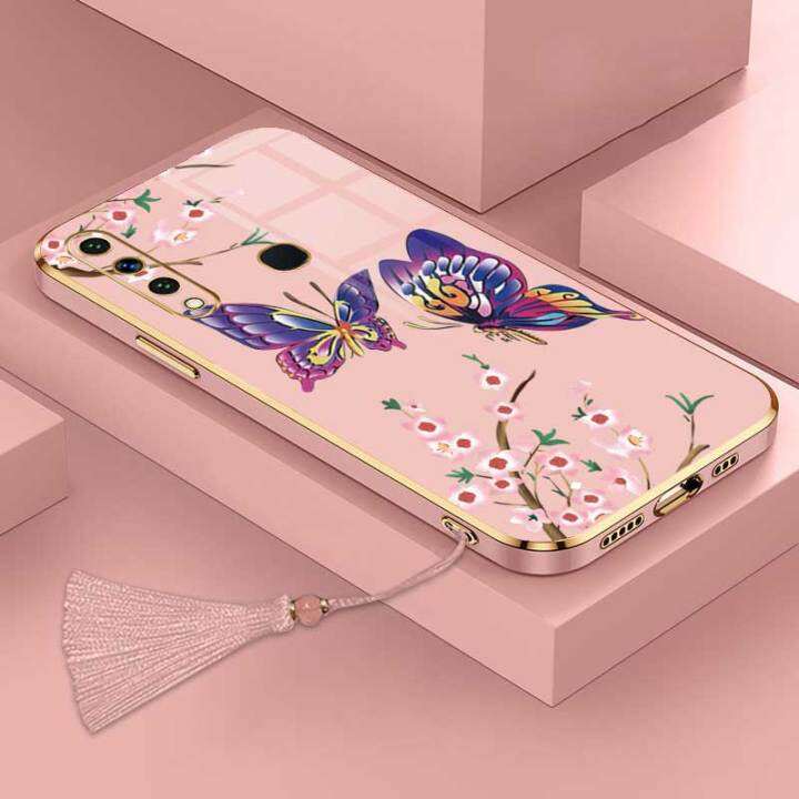 เคสสำหรับ-huawei-y6p-y8p-huawei-หรูหราผีเสื้อสวยงามพร้อมกล้องดอกไม้เคสโทรศัพท์ขอบชุบซิลิโคนฝาฟรีสายคล้อง