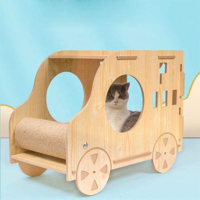 GREGORY- ของเล่นแมว บ้านแมวไม้รูปรถบ้านสัตว์เลี้ยงสำหรับแมว ที่นอนแมวทรงรถ ที่ฝนเล็บแมว สำหรับสัตว์เลี้ยง บ้านแมว สำหรับแมวทุกสายพันธุ์ Car-Shaped Wood Cat House pet bed house for cat