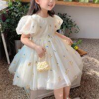 2023 Summer Elegant Fashion All Match Princess Dress Print Korean Vintage Cute Kids Dress Kawaii Embroidery Childrens Clothes