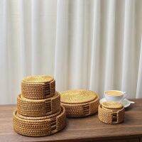 【YF】 Natural Cup Mat With Storage Box Hand Woven Placemat Braided Heat Resistant Rattan Hot Insulation Anti-Skidding Pad