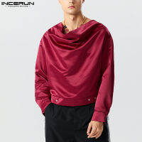 INCERUN เสื้อเชิ๊ตผู้ชาย,เสื้อเบลาส์แขนยาวสีทึบมีสไตล์ (สไตล์ตะวันตก)