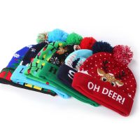 Hat Christmas Santa Elk Snowman Print LED Light Beanie Knitted Cap Beanie Decor