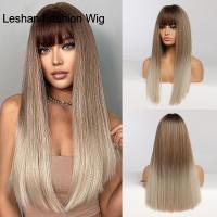 Synthetic Wigs with Bangs Long Straight Ombre Black Brown Gray Ash Cosplay Hair Wigs for Women High Temperature Fibre