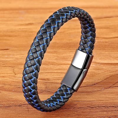 XQNI Men Jewelry Punk Black Blue Braided Leather Bracelet for Men Stainless Steel Magnetic Clasp Fashion Bangles Gifts 6 Colors